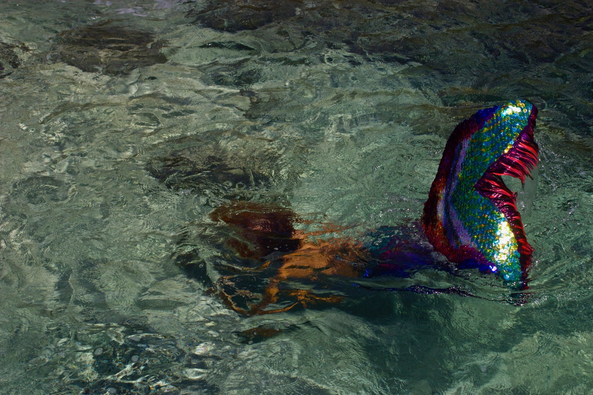 A woman in a mermaid costume is swimming in a pool.