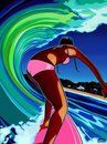 A woman in a bikini is riding a wave on a surfboard.