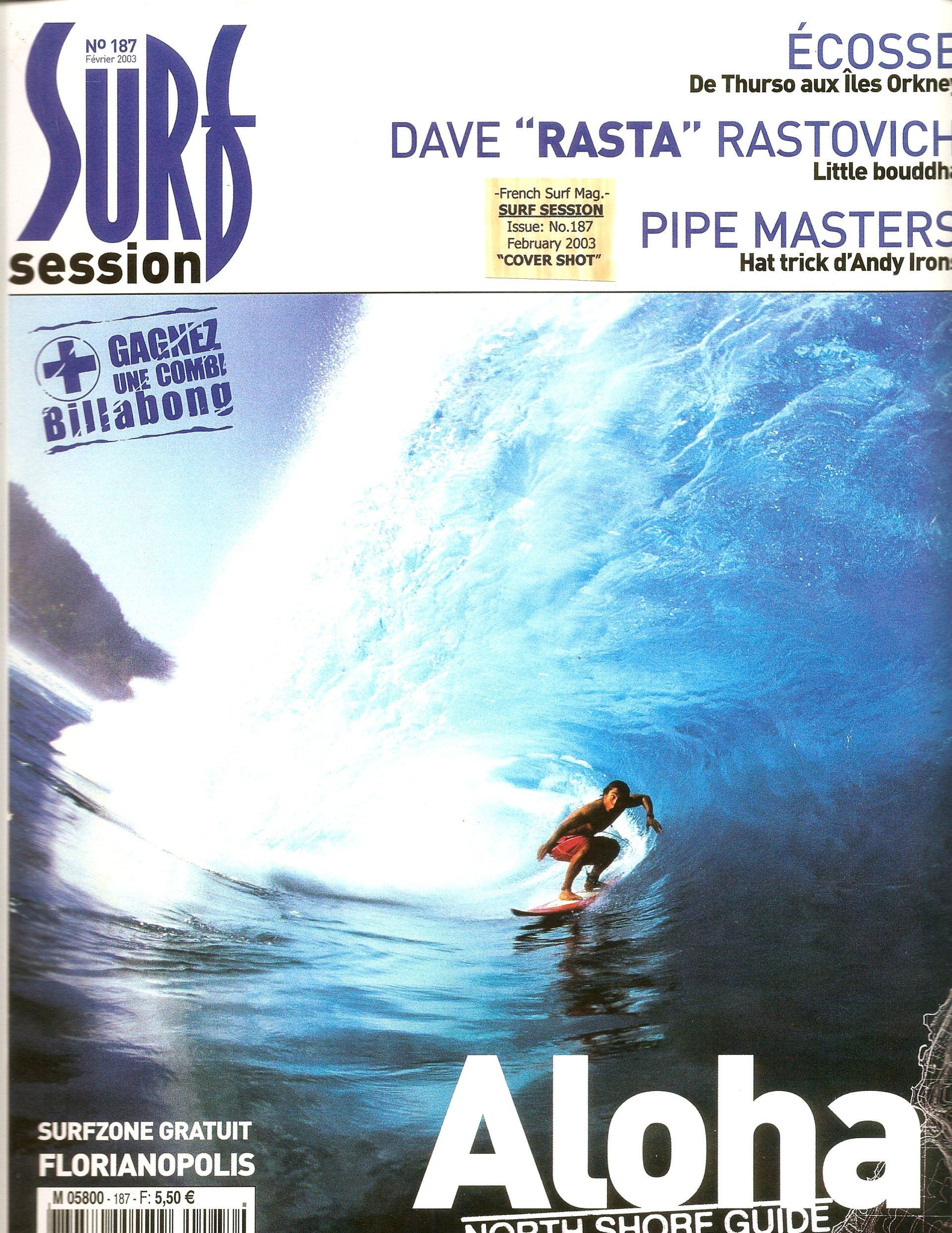 The cover of a surf session magazine shows a person riding a wave