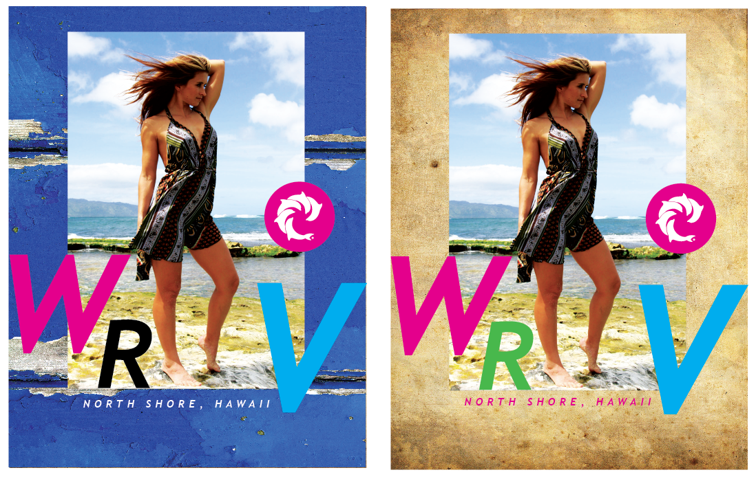 A picture of a woman standing on a beach with the letters wrv on it