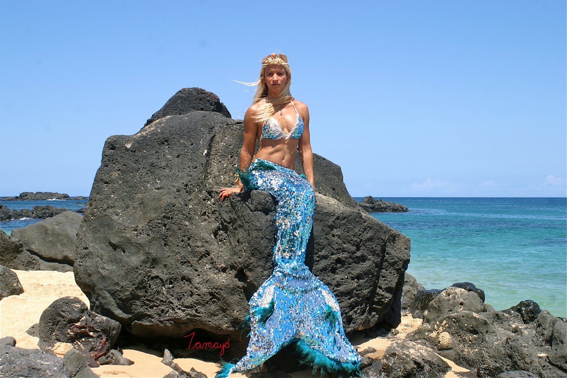 A woman in a mermaid costume is sitting on a rock near the ocean