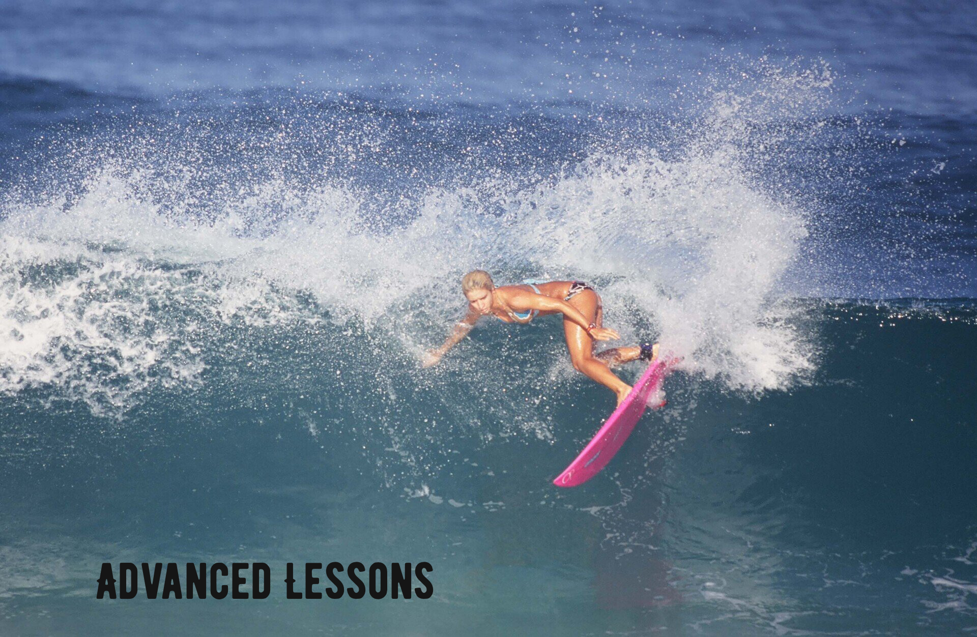 A person riding a wave with the words advanced lessons below them
