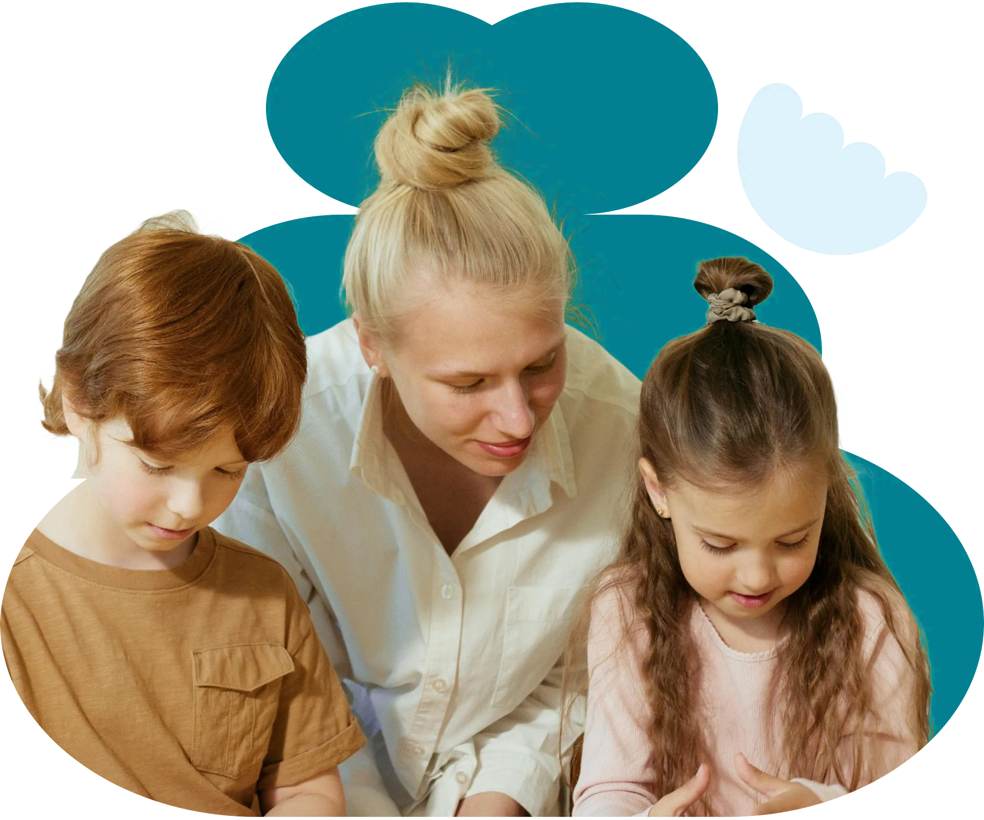 Woman and two children looking at something, teal shapes background.