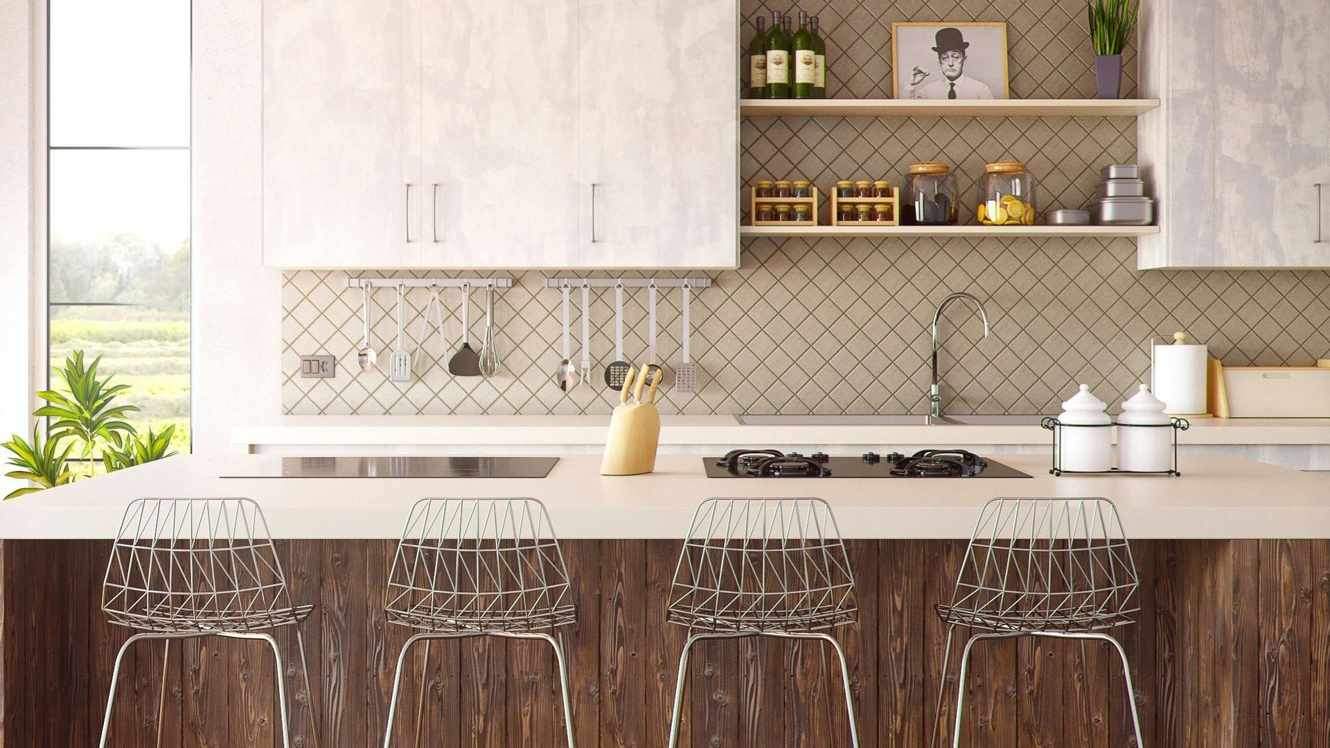 Modern kitchen with wood accents, white cabinets, and clear bar stools.