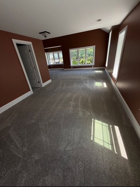 Empty room with dark gray carpet, brown walls, white trim, and sunlight through windows.