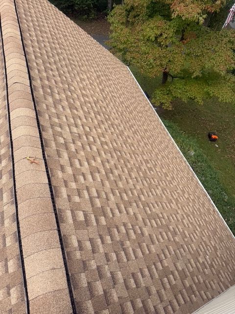 Tan and brown asphalt shingle roof.