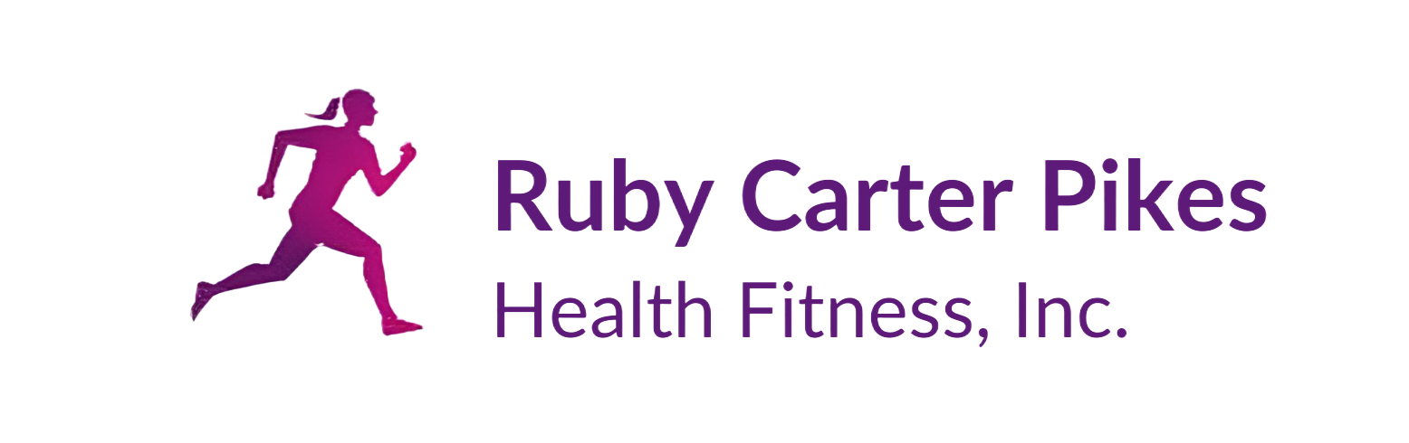 Logo with a purple runner silhouette and text: Ruby Carter Pikes, Health Fitness, Inc.