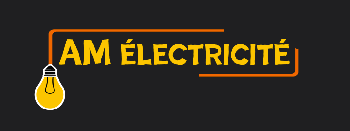 Logo d'AM Électricité. Fond noir avec texte jaune et fil orange formant un contour. Inclut une ampoule.
