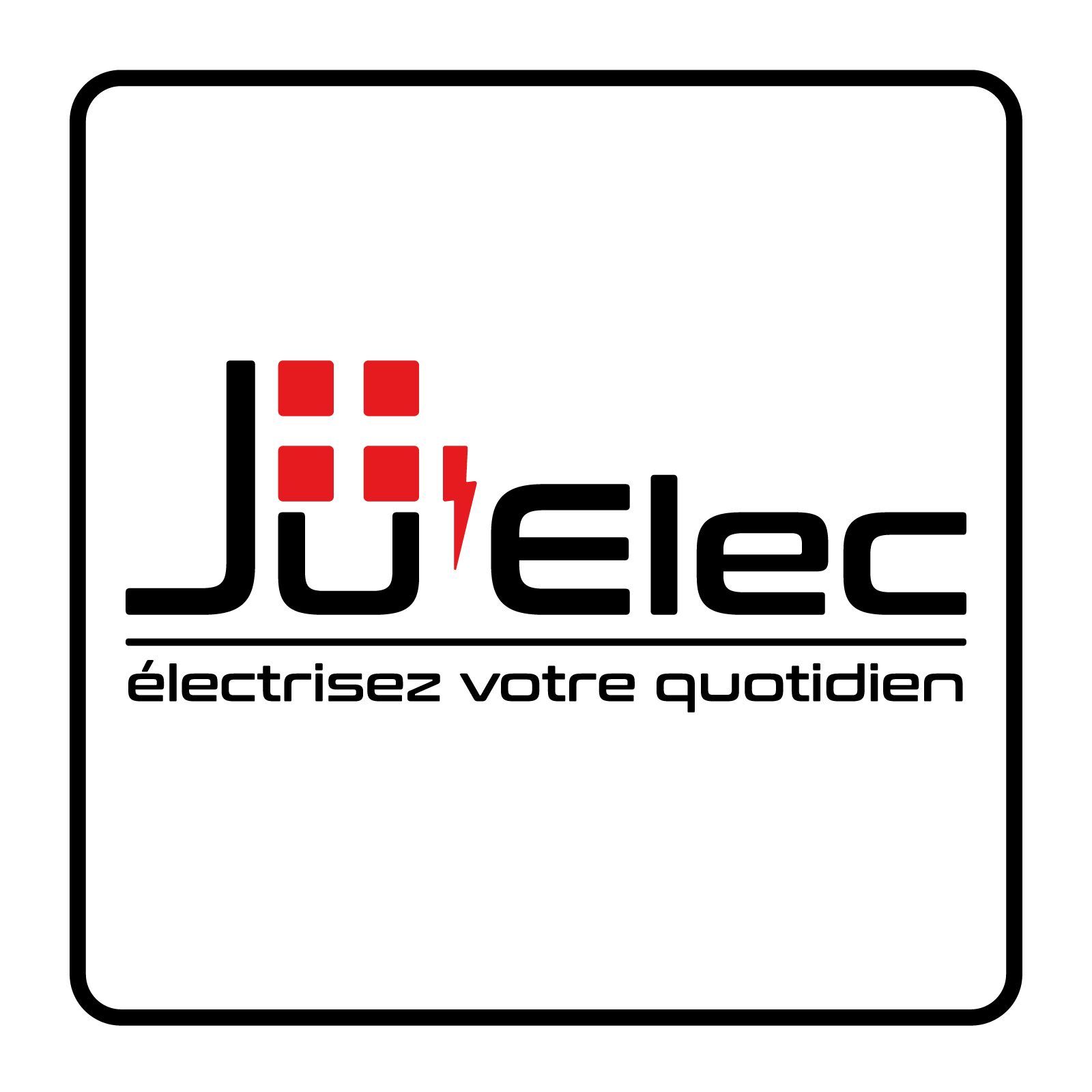 Logo de JuElec, services électriques. Carrés rouges avec éclair, texte « JuElec », slogan « Électrisez votre quotidien ».