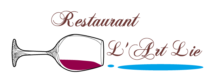 Logo du restaurant : verre Ă  vin renversant un liquide rouge, texte
