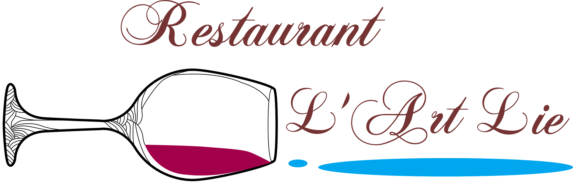 Logo du restaurant L'Art Lie avec un verre à vin et du vin renversé.