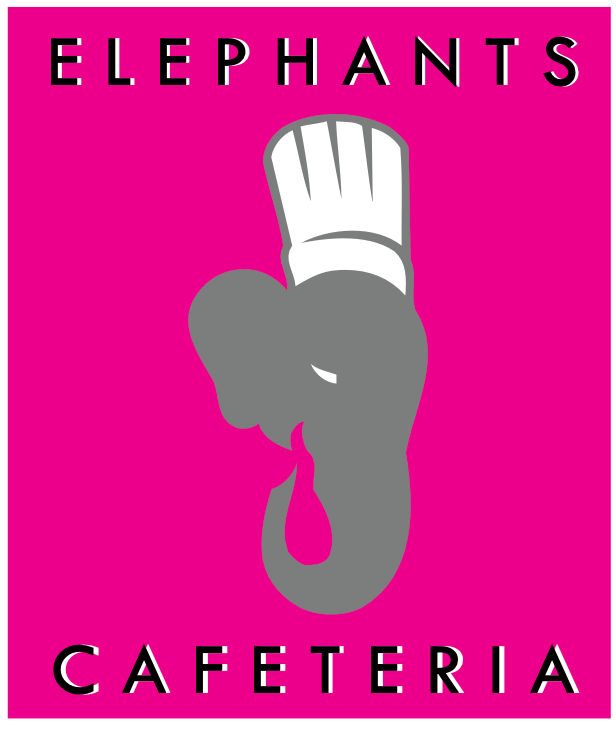 Panneau rose avec tête d'éléphant gris portant un chapeau de chef ; texte : CAFÉTÉRIA DES ÉLÉPHANTS.
