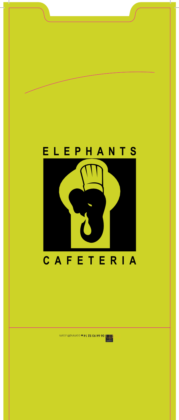 Carte jaune avec le logo « Elephants Cafeteria » : une tête d'éléphant noir portant une toque de chef.