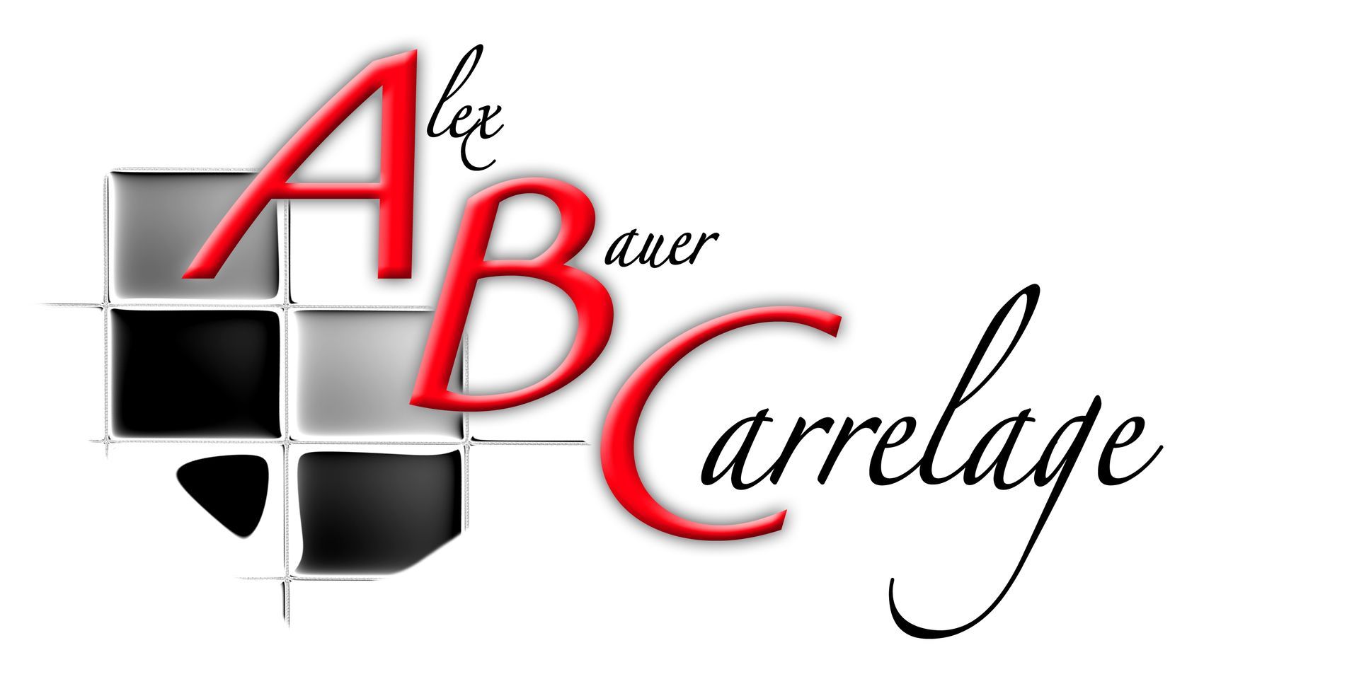 Logo pour Alex Bauer Carrelage, comportant des lettres ABC rouges sur un fond carrelé avec le nom de l'entreprise en écriture.