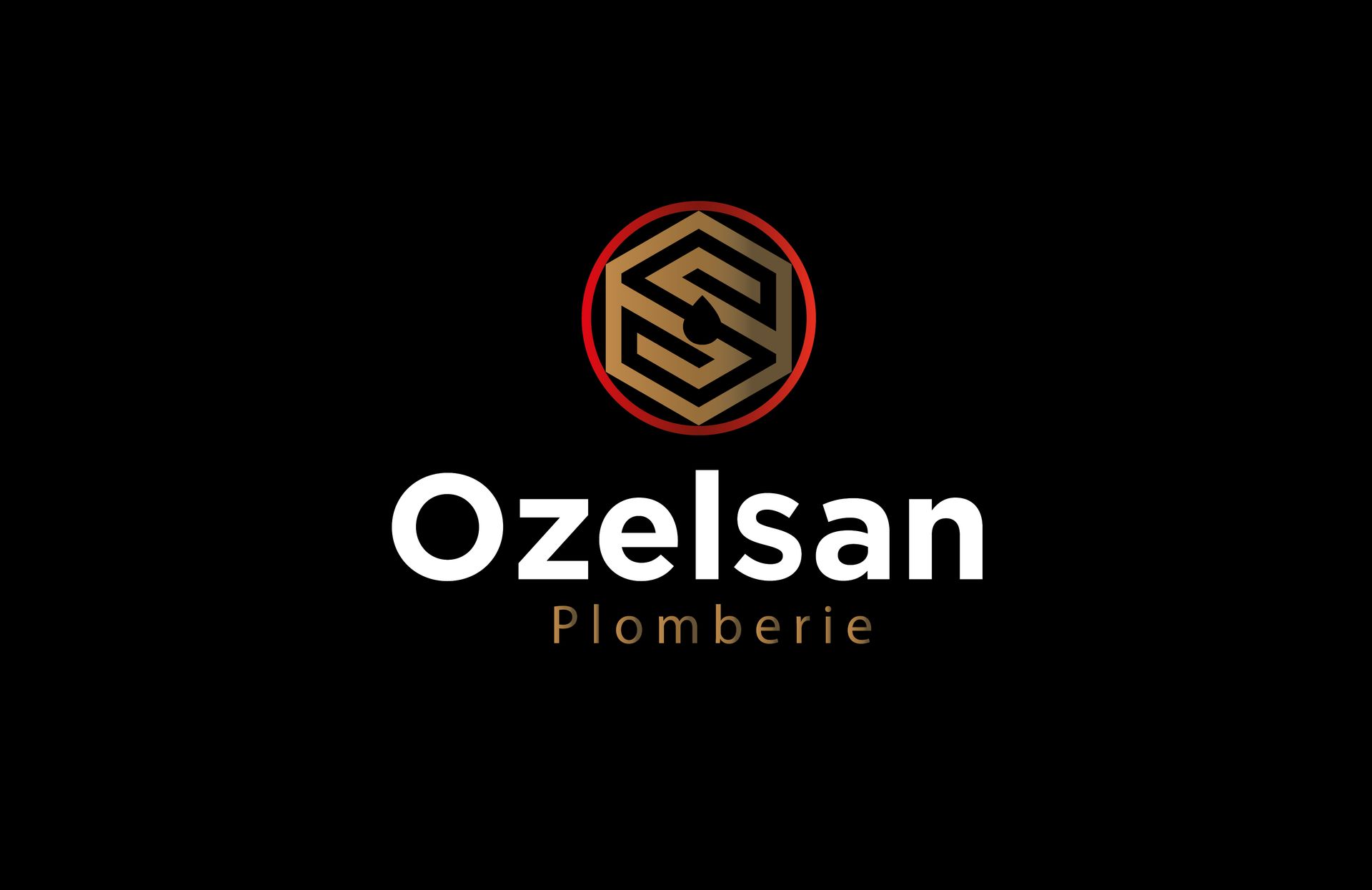 Logo pour Ozelsan Plomberie, comportant un « S » doré dans un hexagone et un cercle rouge, sur fond noir.