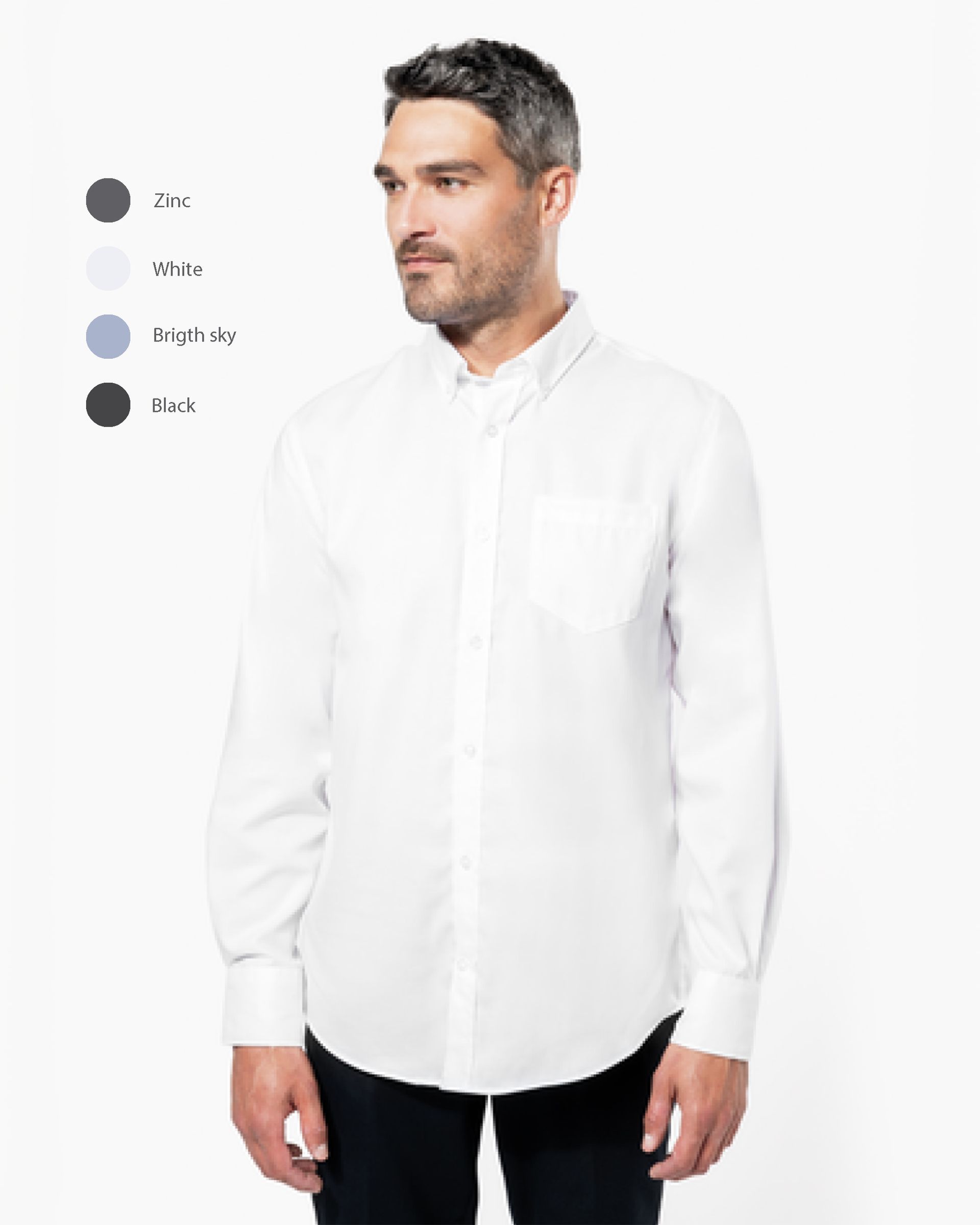 Homme en chemise blanche boutonnée, représenté sur un fond blanc, options répertoriées : gris, blanc, bleu clair, noir.