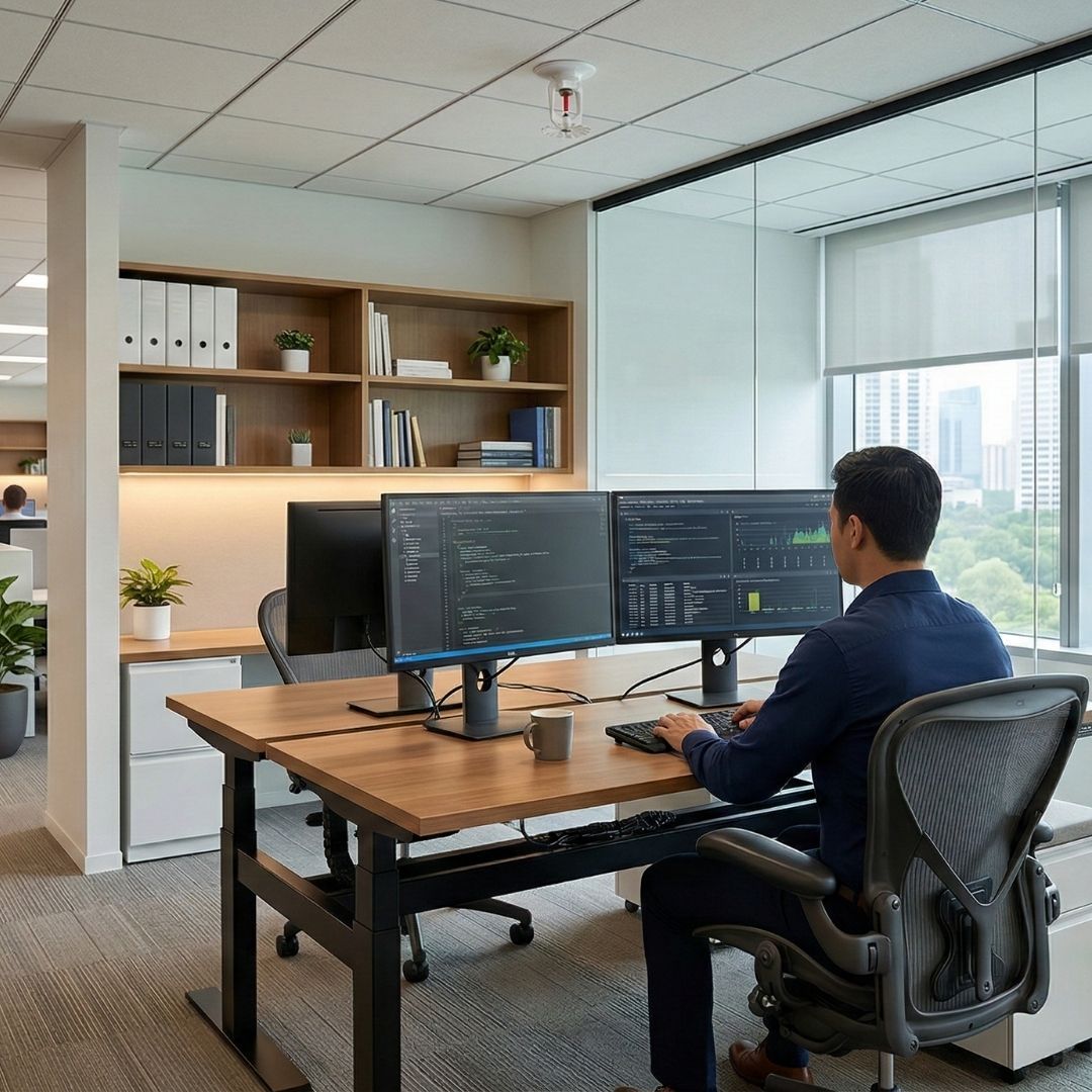 Interior commercial space showing safety features and industry occupancy.