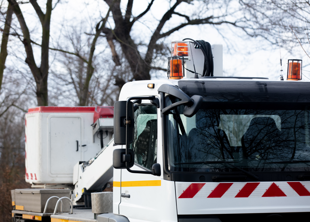 A white truck with a crane on the back is parked in front of trees.