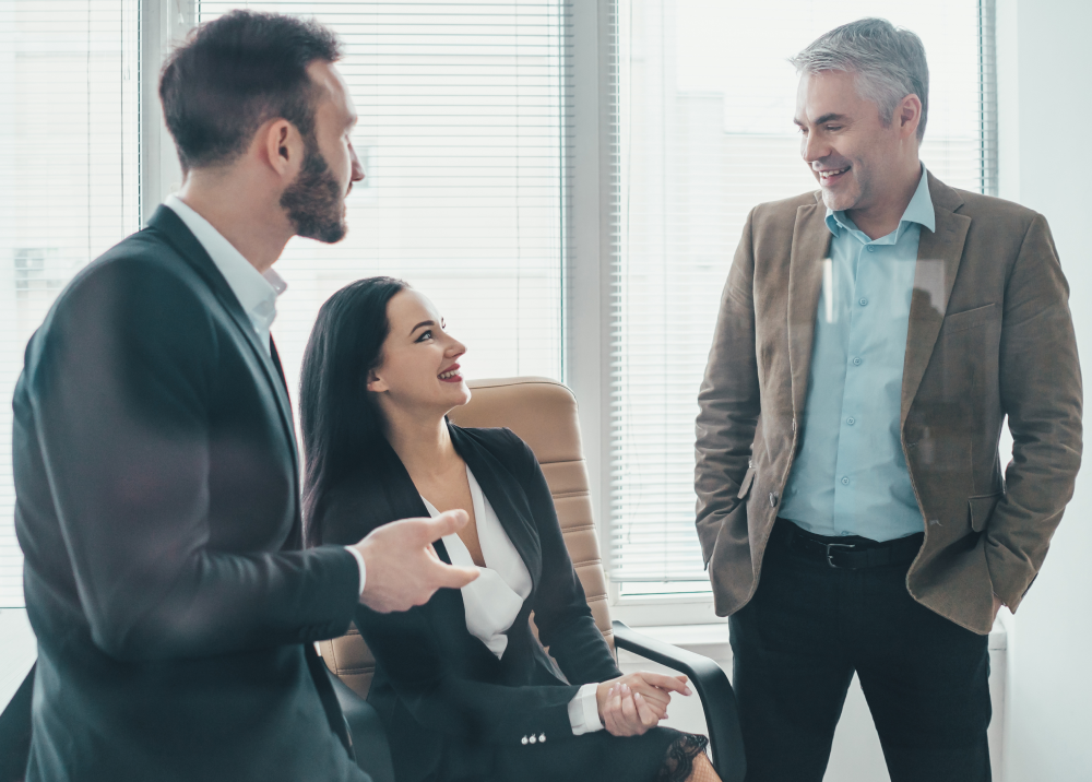 A group of business people are having a meeting in an office.