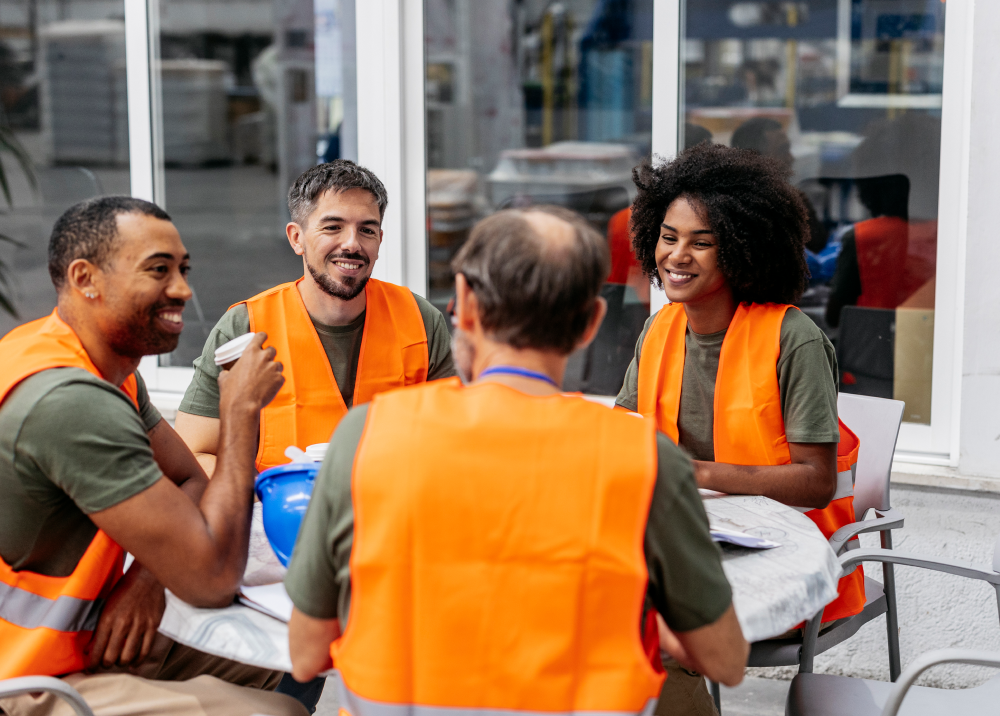 A group of construction workers are sitting around a table having a conversation.