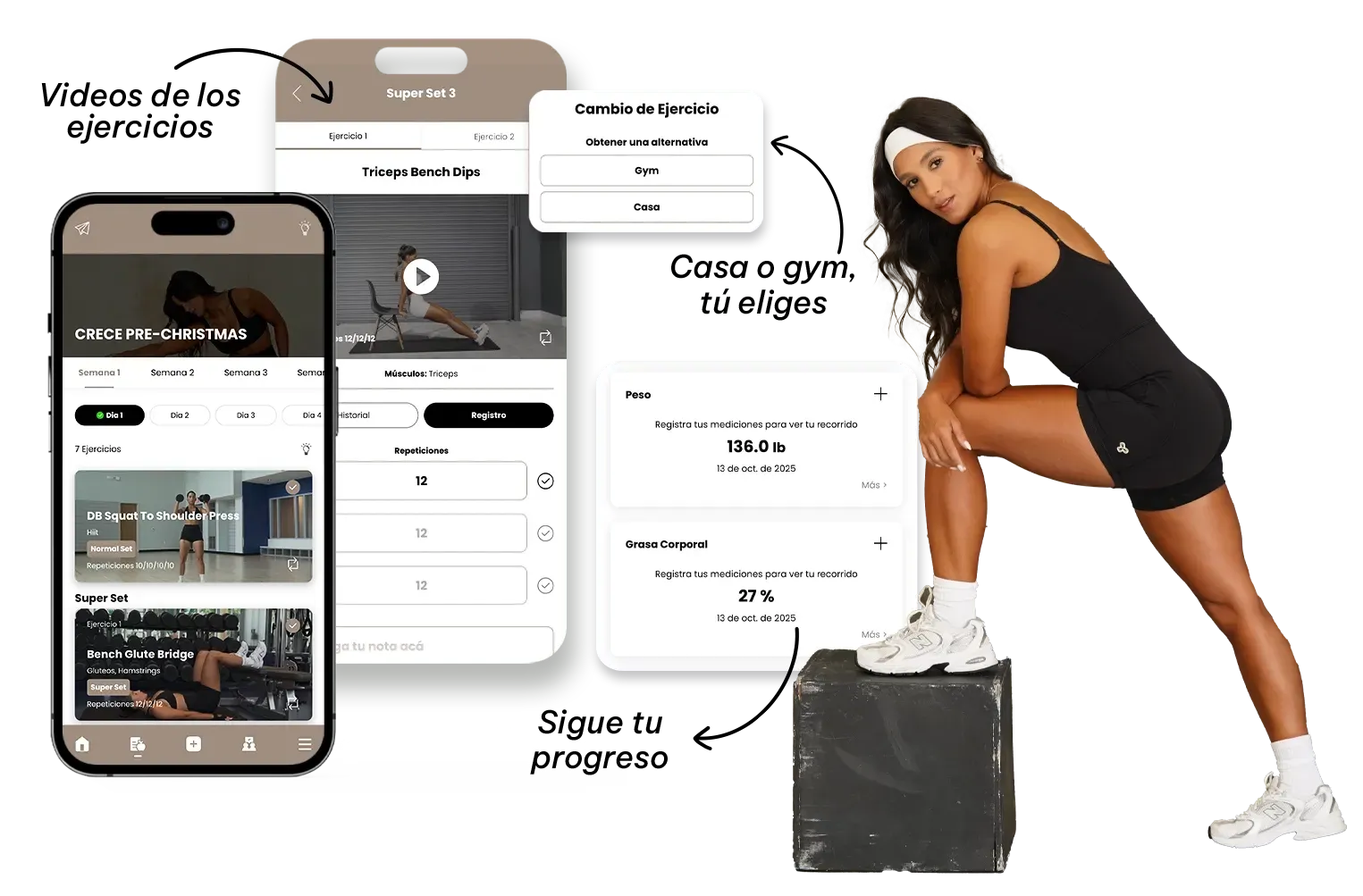 Woman in workout clothes using an app on her phone while balancing on a box; app shows exercise videos and progress tracking. CRECE Planes de entrenamiento y nutrición