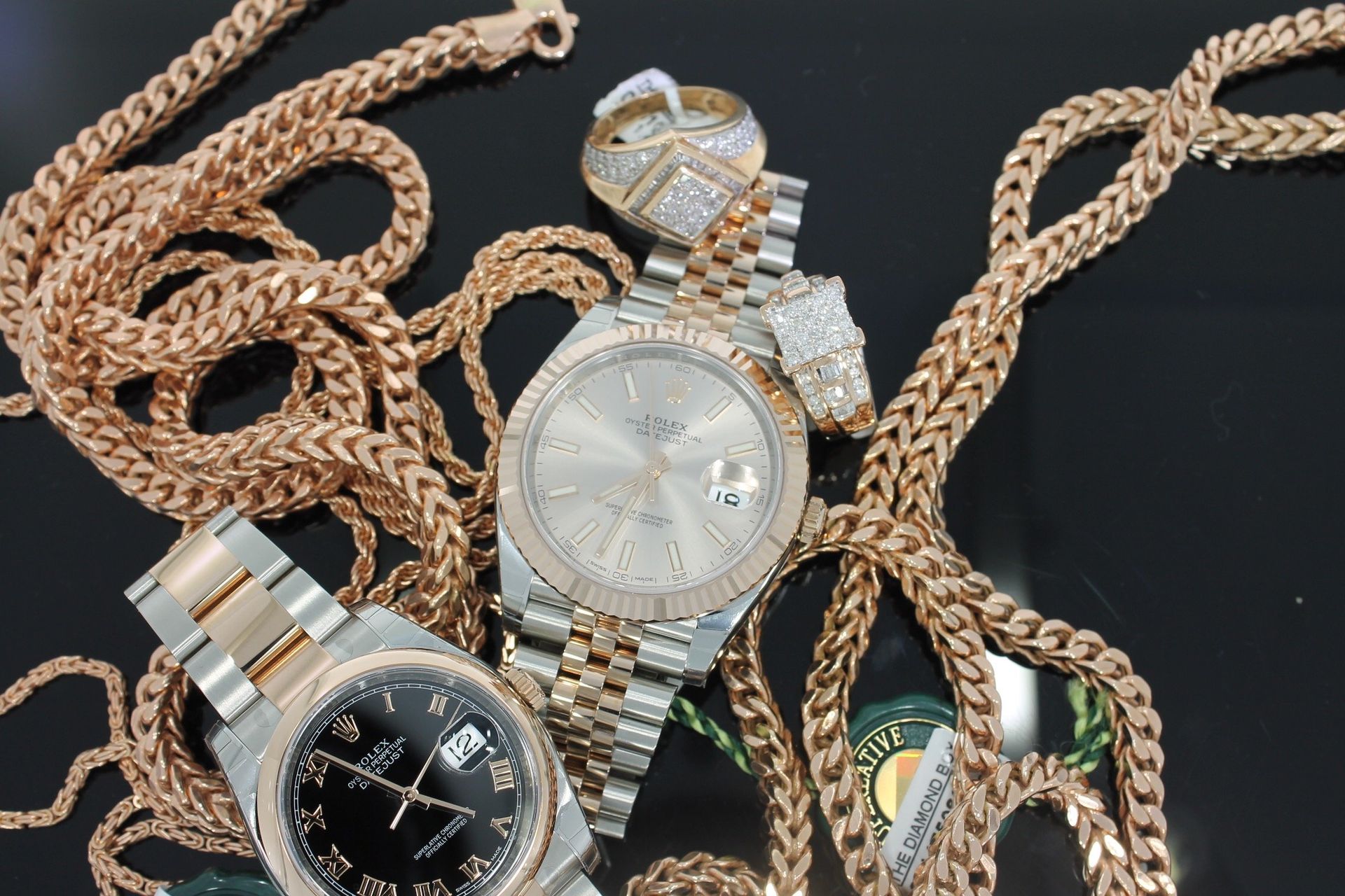 Rose gold Rolex Datejust, Rose gold chain, Rose gold pinky ring