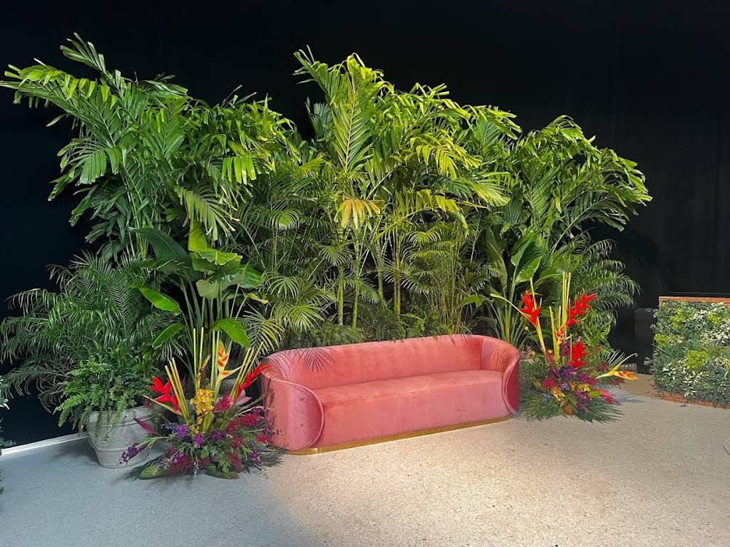 Pink sofa in front of tropical plants, on gravel, with a backdrop of lush greenery.
