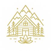 Illustration d'une cabane dorée avec des montagnes, des arbres et une fleur de lotus.