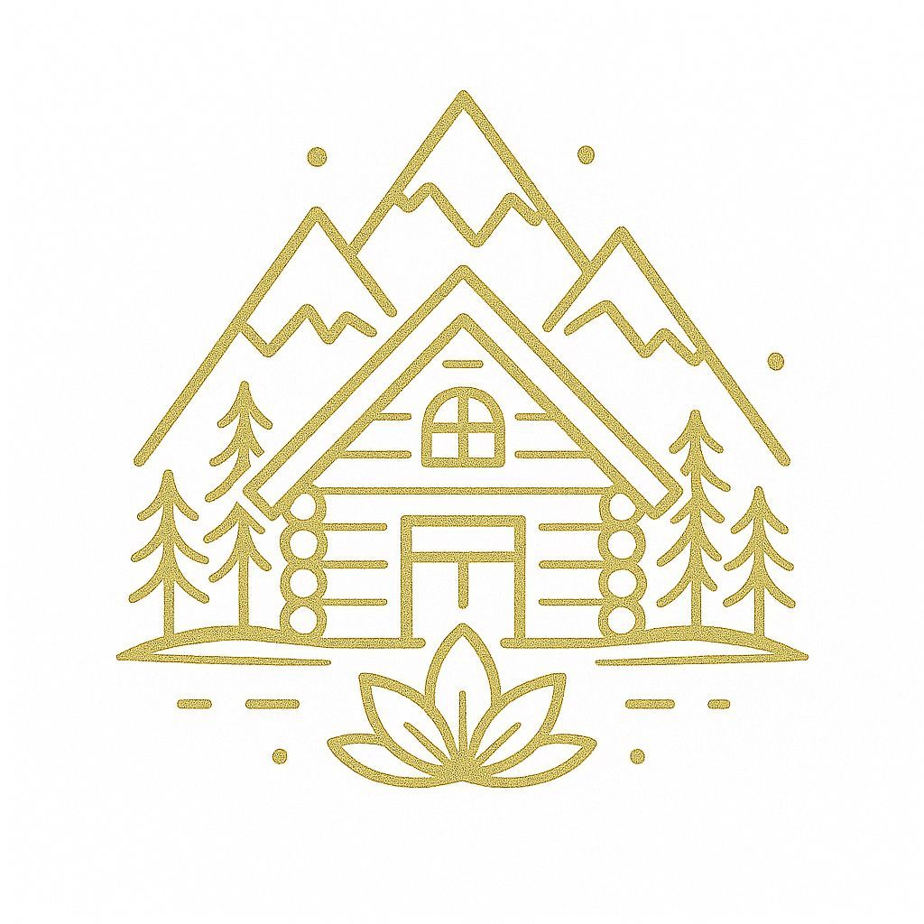 Illustration d'une cabane dorée avec des montagnes, des arbres et une fleur de lotus.