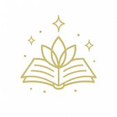 Livre ouvert à paillettes dorées, orné d'une fleur de lotus stylisée et entouré d'étoiles et de points.