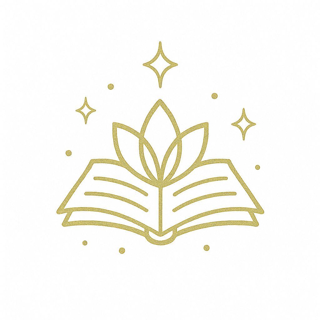 Livre ouvert à paillettes dorées, orné d'une fleur de lotus stylisée et entouré d'étoiles et de points.