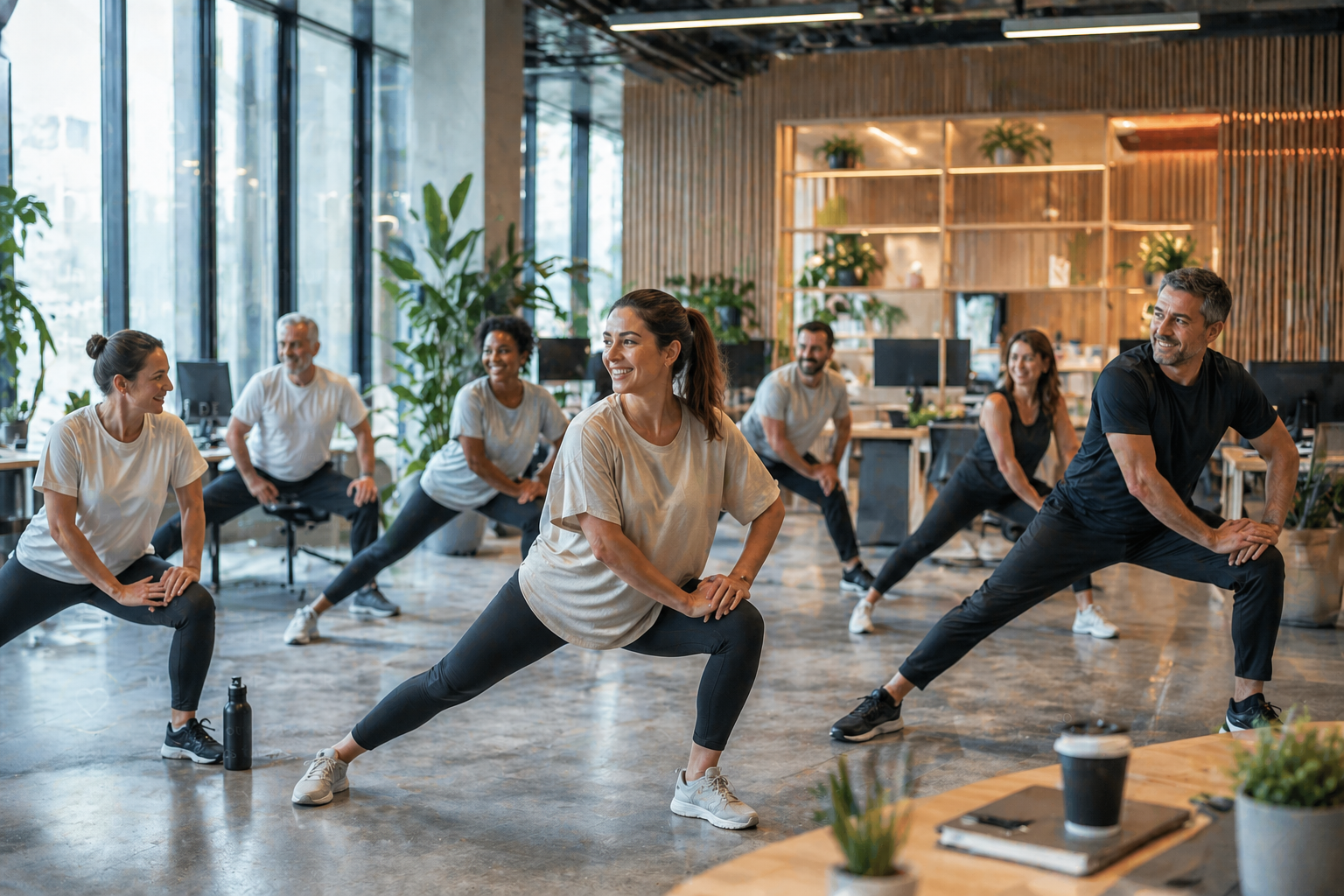 Des personnes participent à un cours de yoga, s'étirant et prenant des poses sur des tapis dans un studio lumineux.