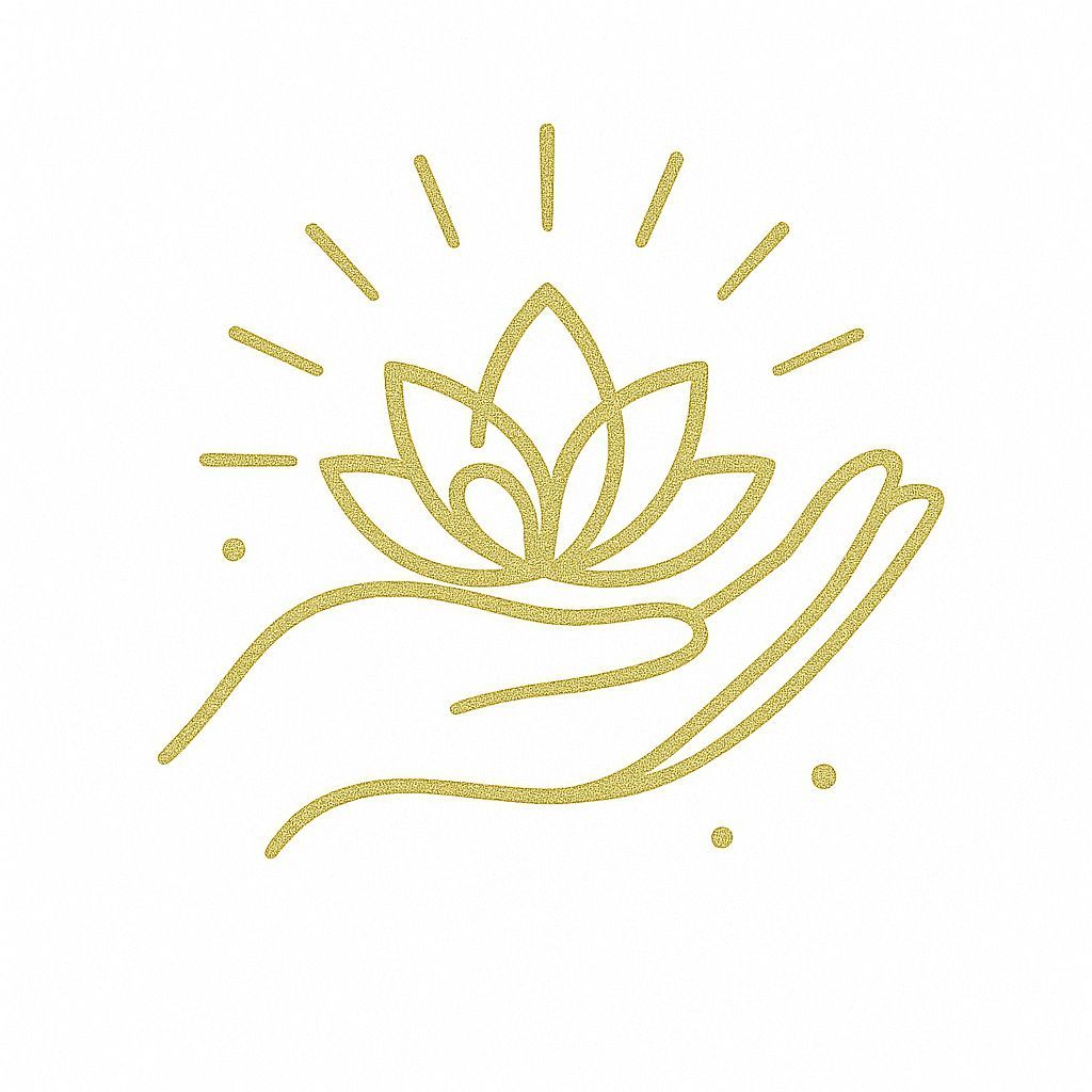 Une main dorée berce une fleur de lotus, qui irradie de lumière.