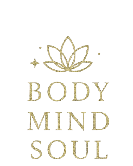 Inscription dorée « Corps Esprit Âme » avec un logo en forme de fleur de lotus sur fond blanc.