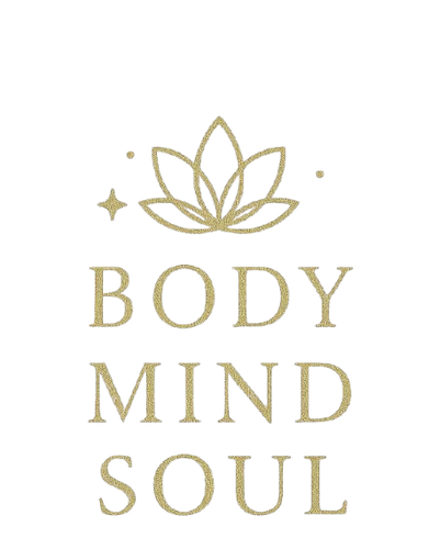 Inscription dorée « Corps Esprit Âme » avec un logo en forme de fleur de lotus sur fond blanc.