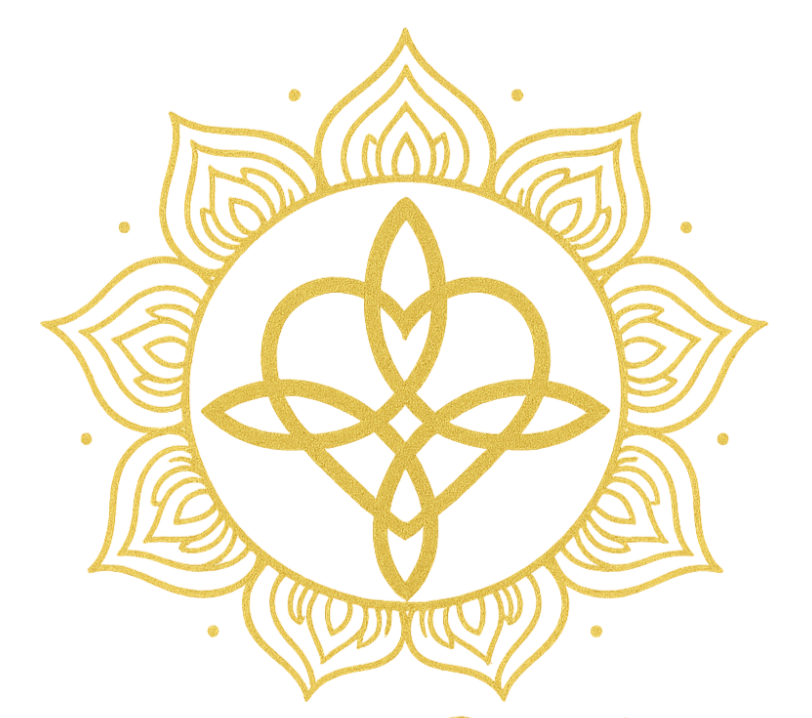 Fleur de lotus stylisée dorée entourant un nœud celtique en forme de cœur inscrit dans un cercle.
