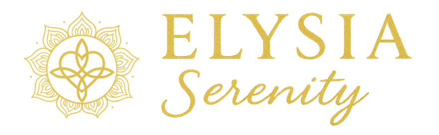 Logo avec le texte doré « ELYISIA Serenity » et un symbole doré ressemblant à un mandala.