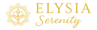 Logo avec le texte doré « ELYISIA Serenity » et un symbole doré ressemblant à un mandala.
