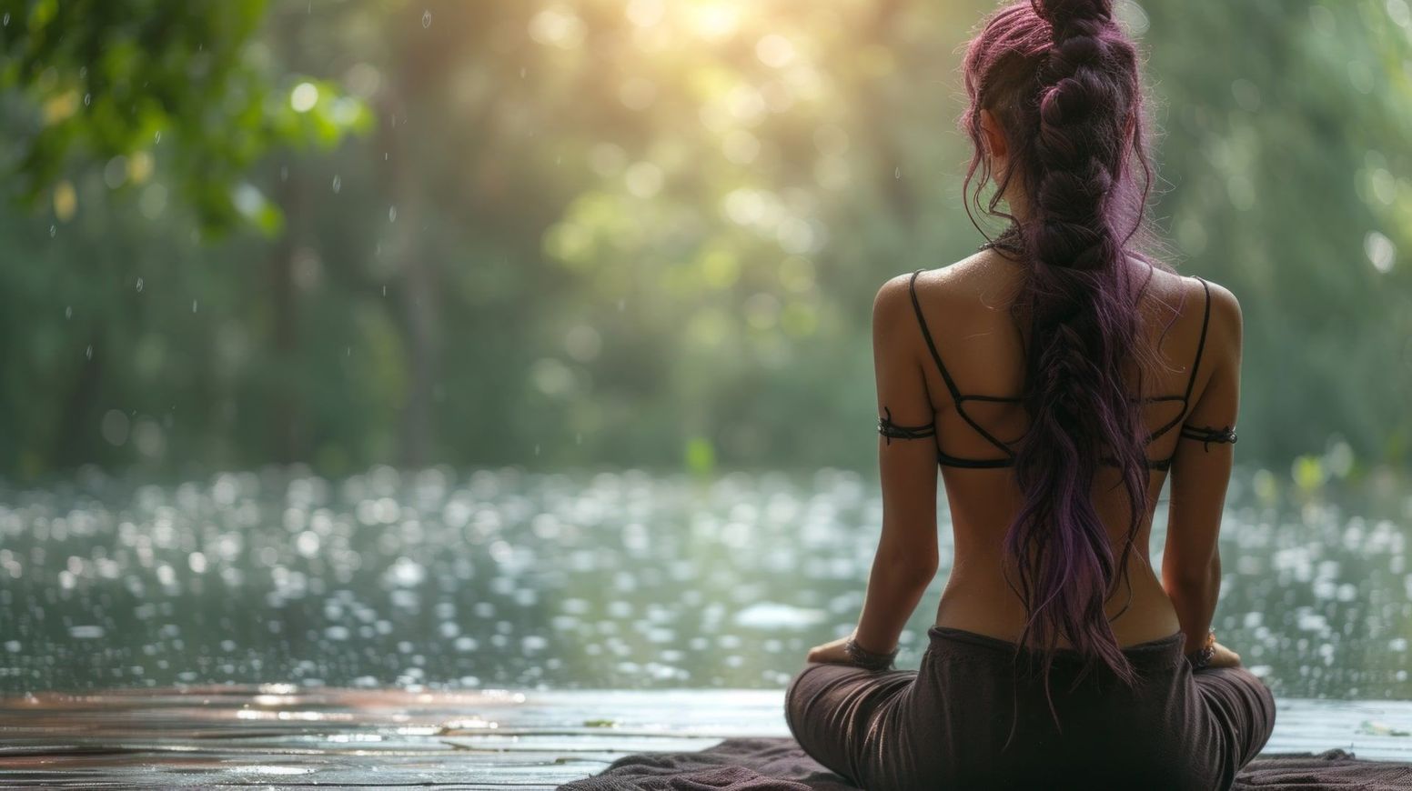 Femme méditant au bord de l'eau, cheveux violets, en extérieur, jour de pluie.