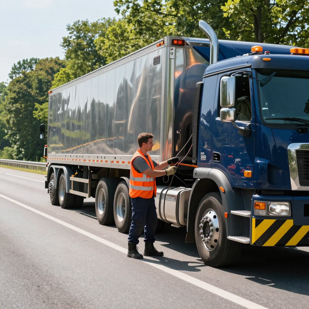 Worker in orange safety vest inspecting a blue semi-truck on a roadside.