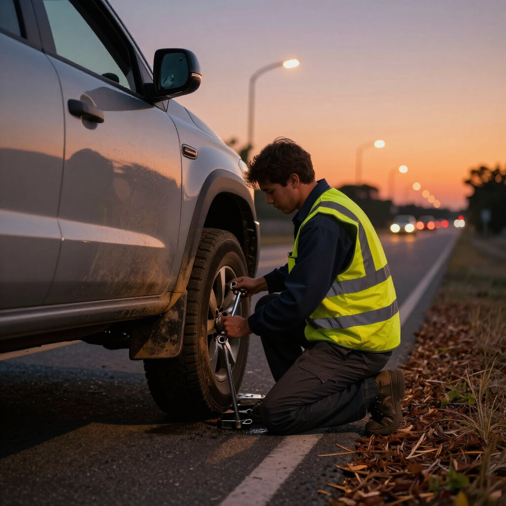 Roadside service worker in a reflective vest changing a tire beside a pickup at dusk.