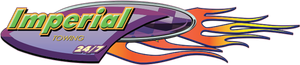 Logo for Imperial Towing, 24/7 service. Features text in green and flames.