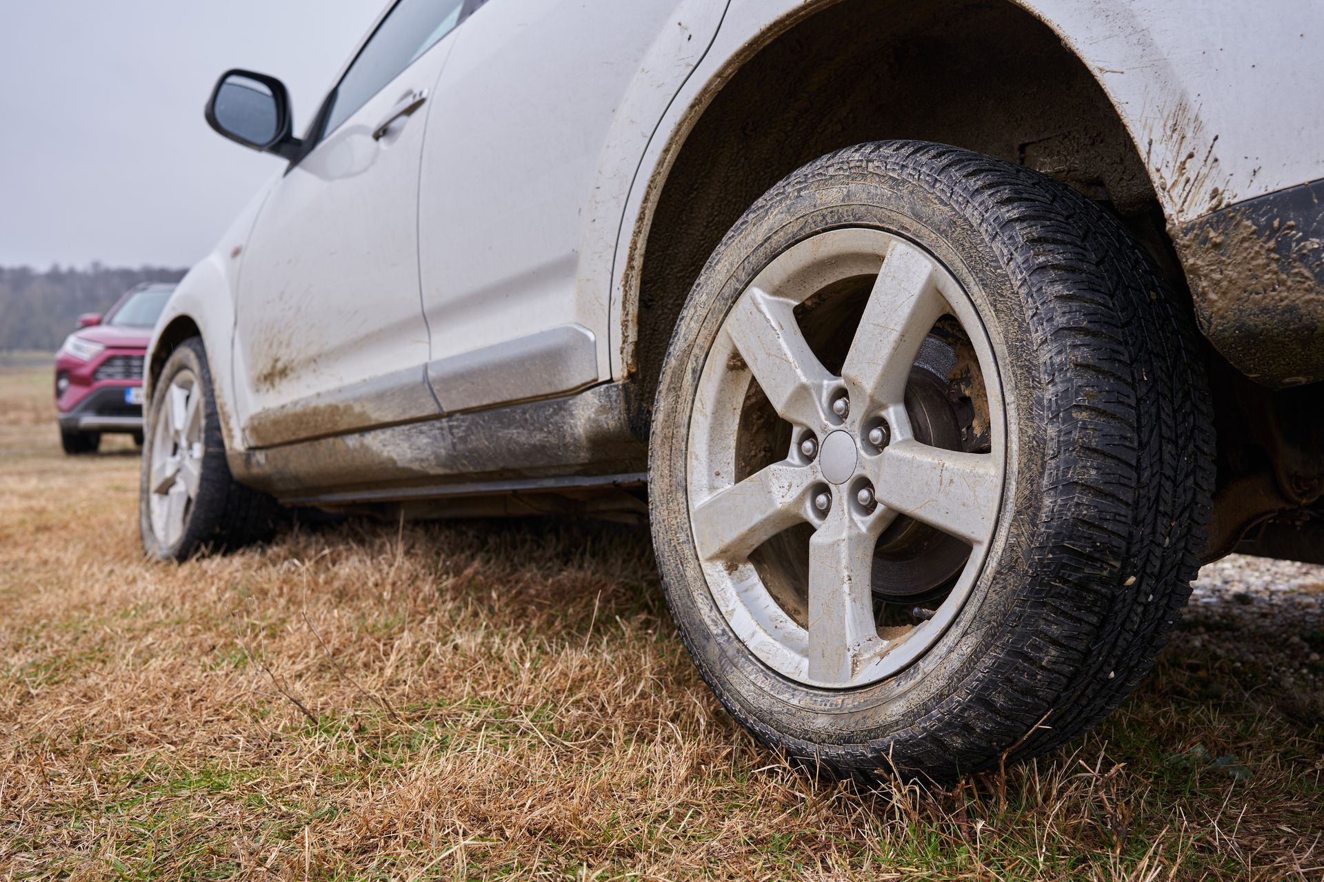 Silver SUV parked on grassy ground, close-up of muddy front wheel and side panel
