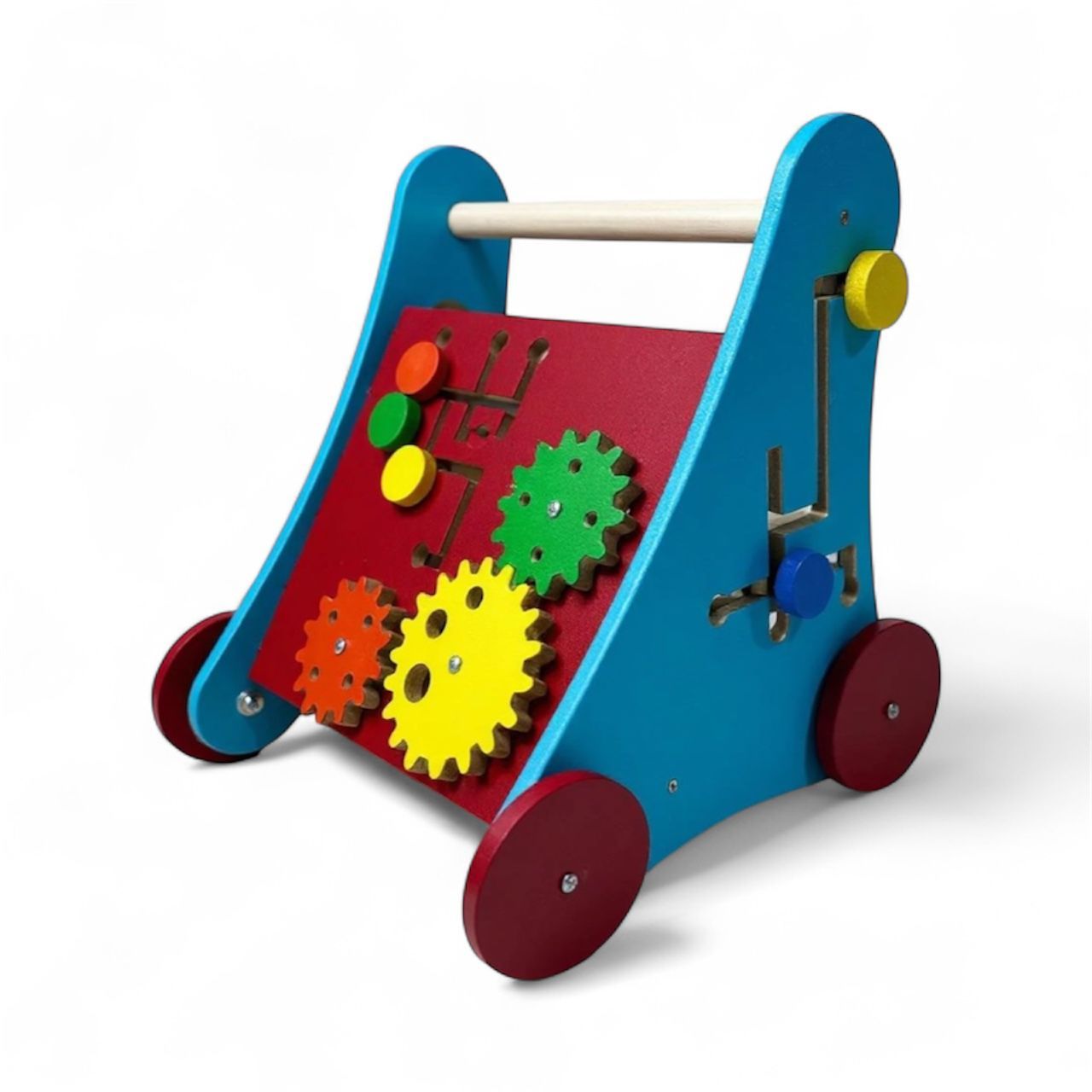 Andador de madera para bebé con engranajes de colores y otros juguetes. Morado y rosa.