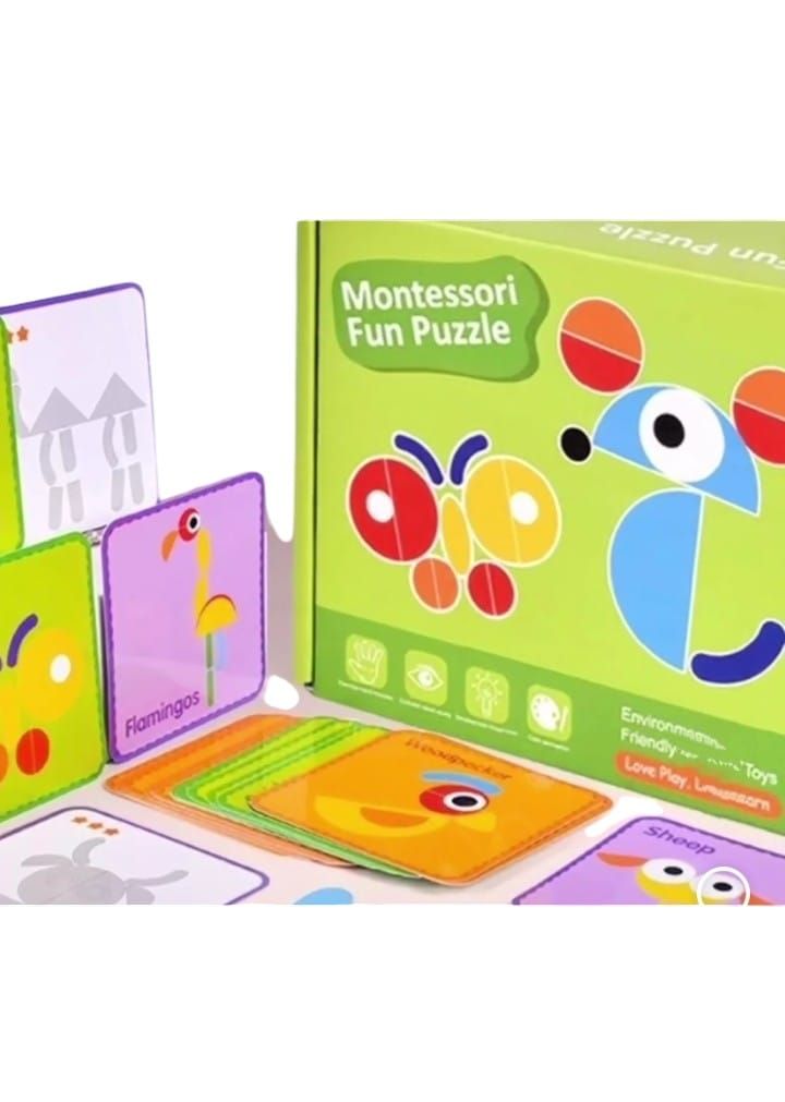 Una caja de divertidos rompecabezas montessori con animales y formas geométricas.
