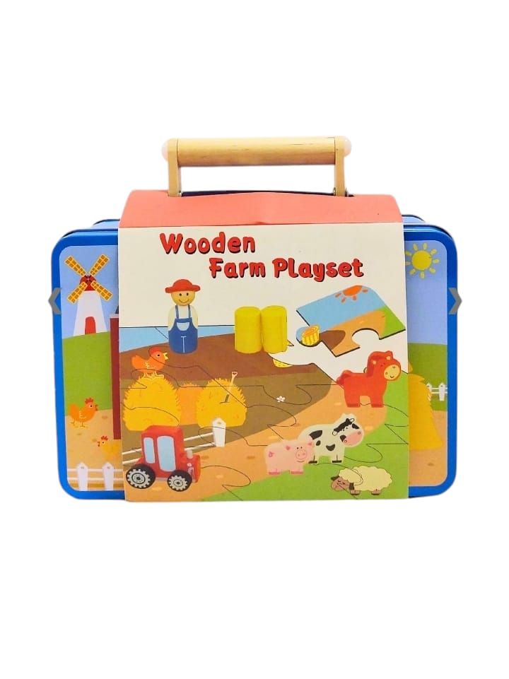 Un maletín azul lleno de juguetes y una escena de granja.