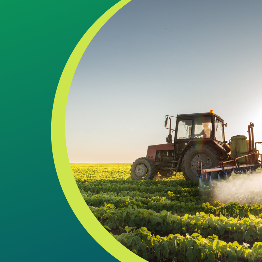 Tractor spraying crops in a sunny field with a curved green and blue design element on the left.