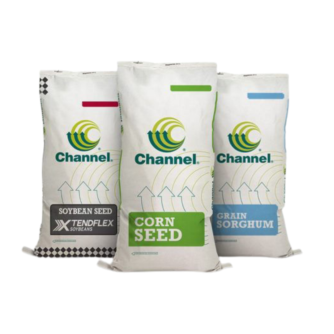 Bags of Channel brand soybean seed, corn seed, and grain sorghum, with green logo and color-coded stripes.