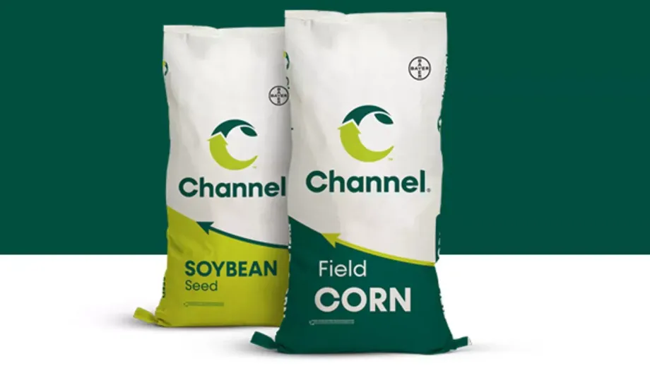 Two bags of Channel brand soybean and field corn seeds on a green background.