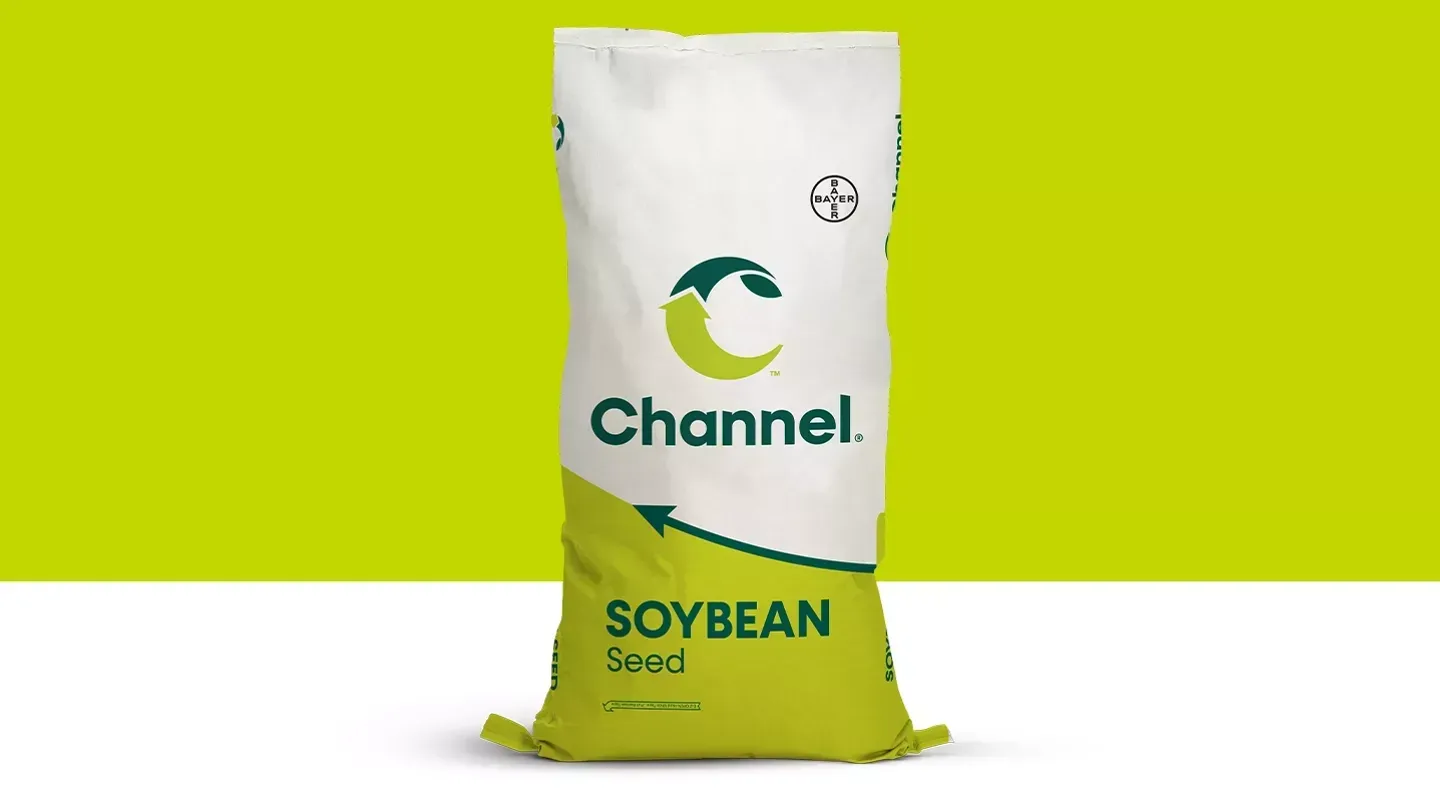 Bag of Channel soybean seed on a green background.